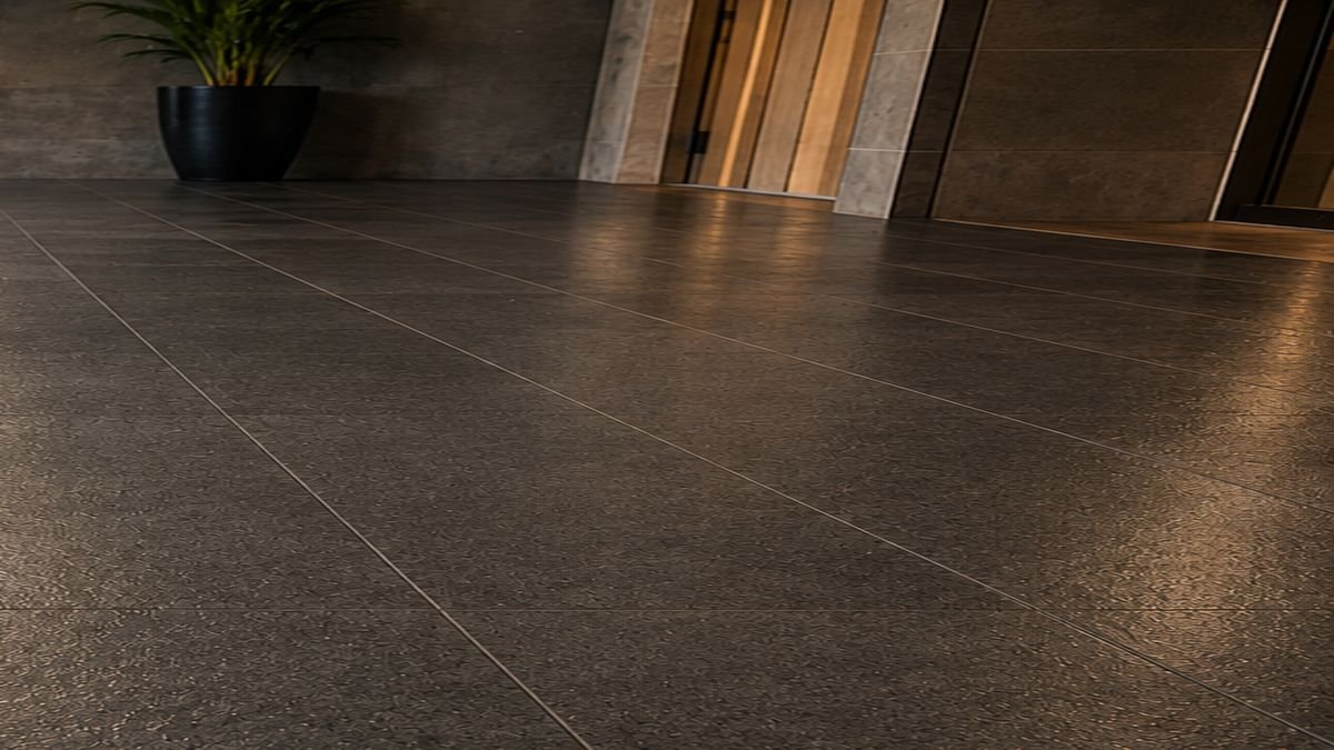Polished granite tower entrance treated with invisible anti-slip micro-tread
