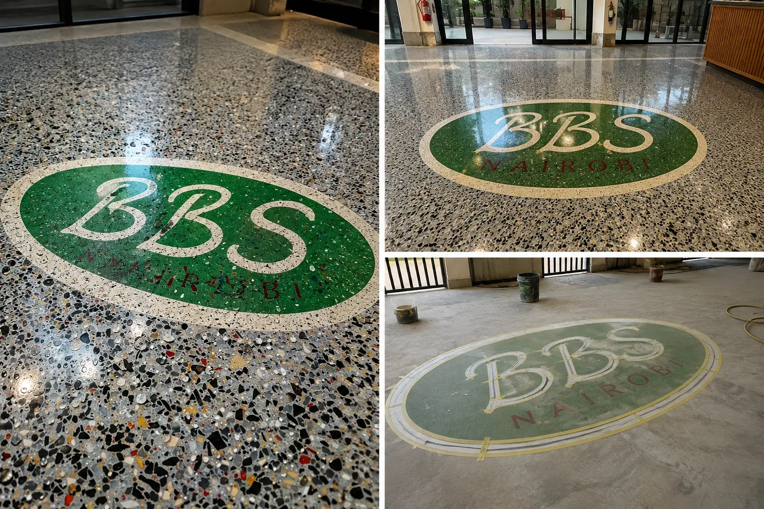 Collection of completed green BBS branded terrazzo floor inlays
