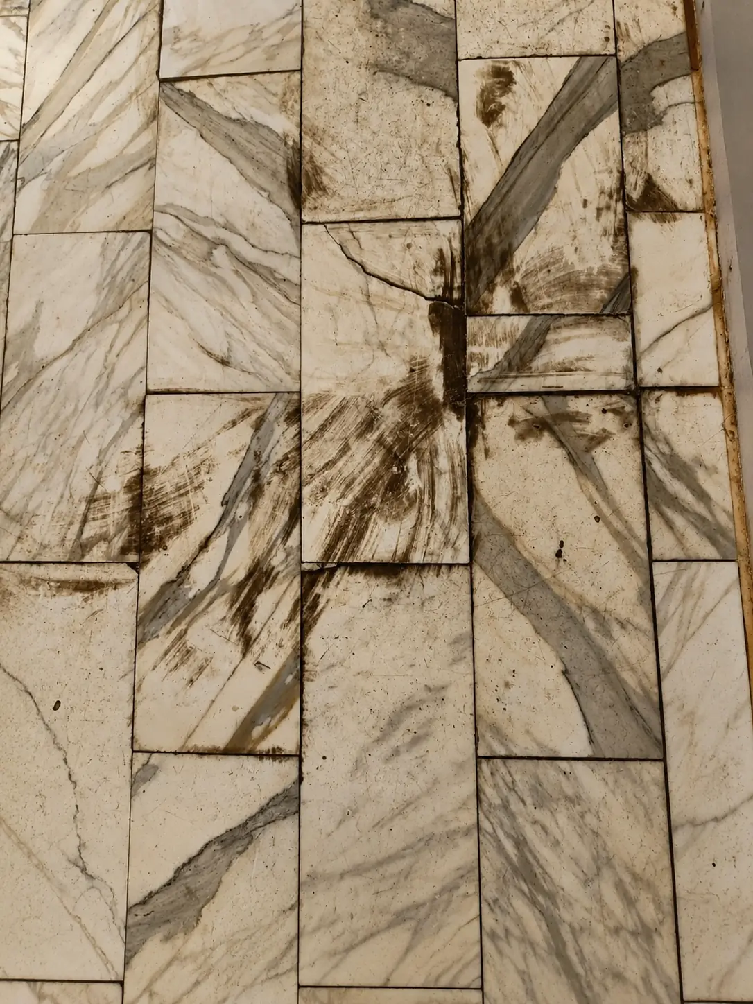 Stained veined stone tiles documented before restoration treatment