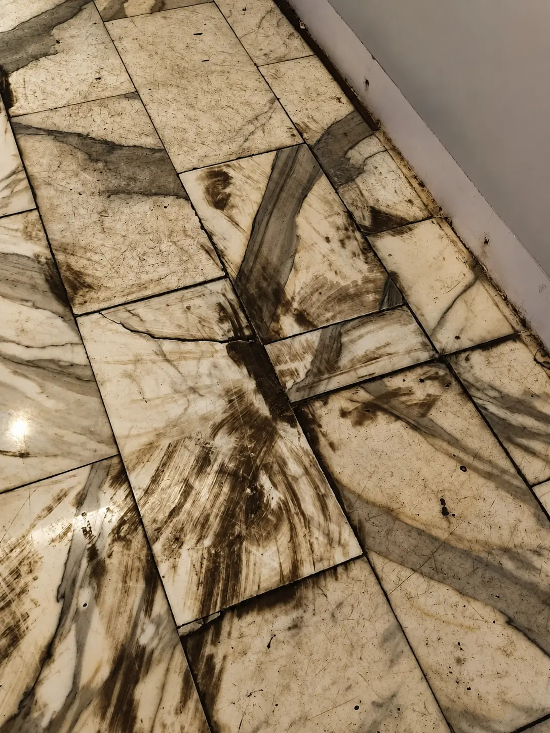 Second condition record showing staining and wear across veined stone tiles