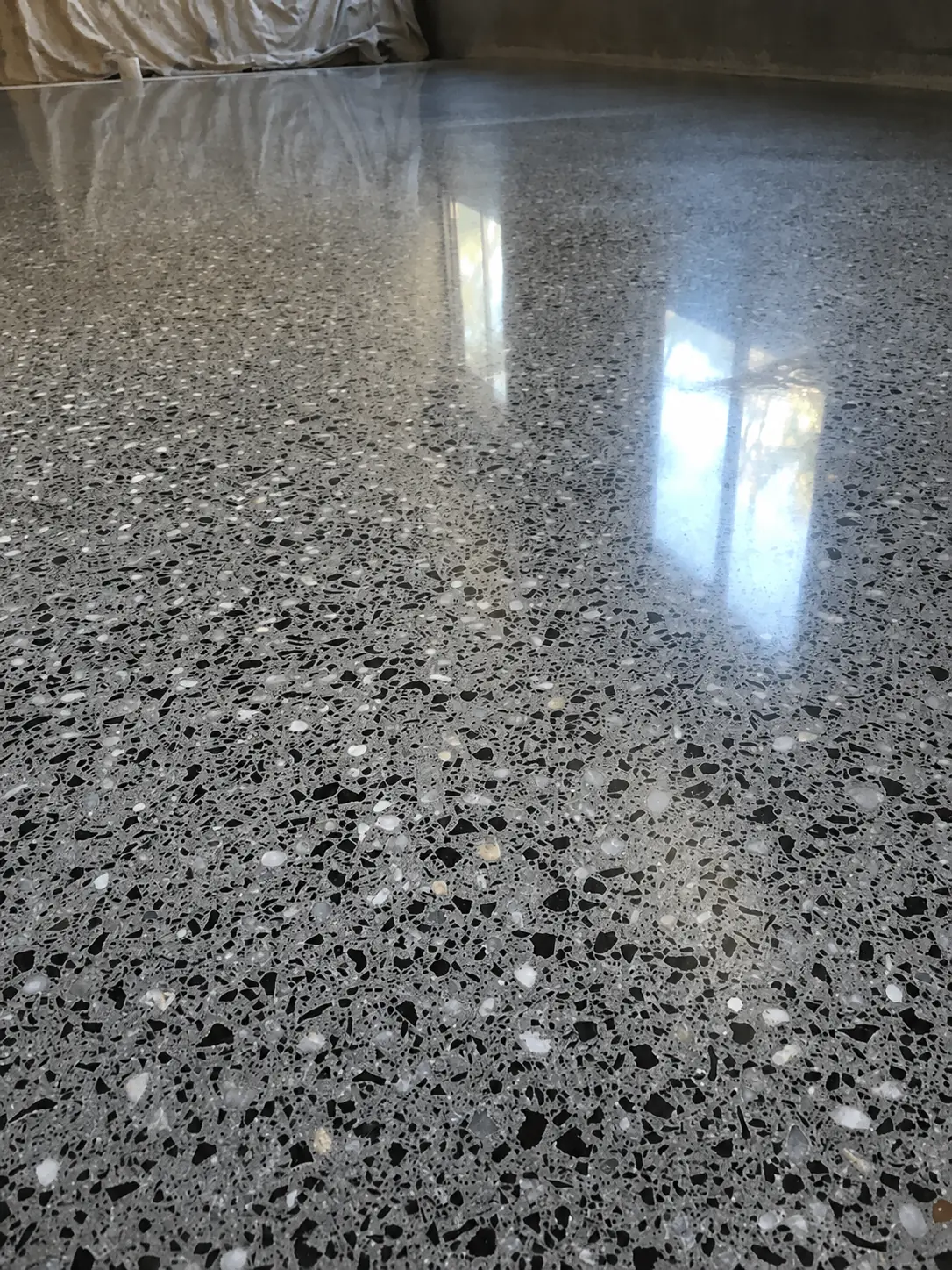Salt-and-pepper polished concrete reflecting daylight across the slab