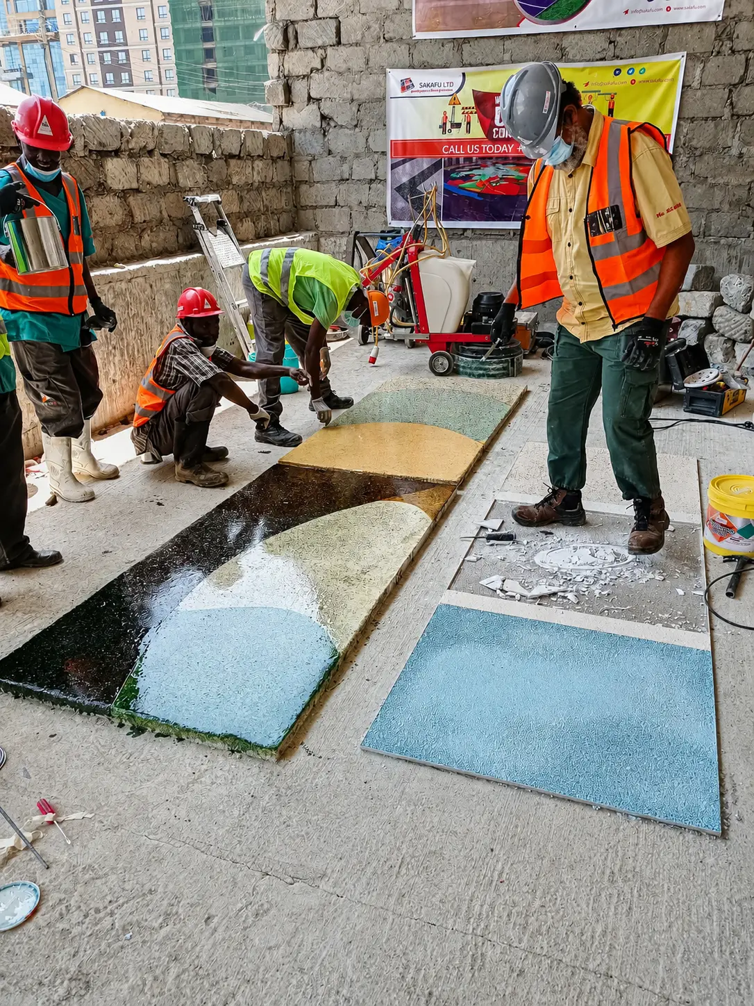 Site crew assembling coloured decorative floor sections before finishing