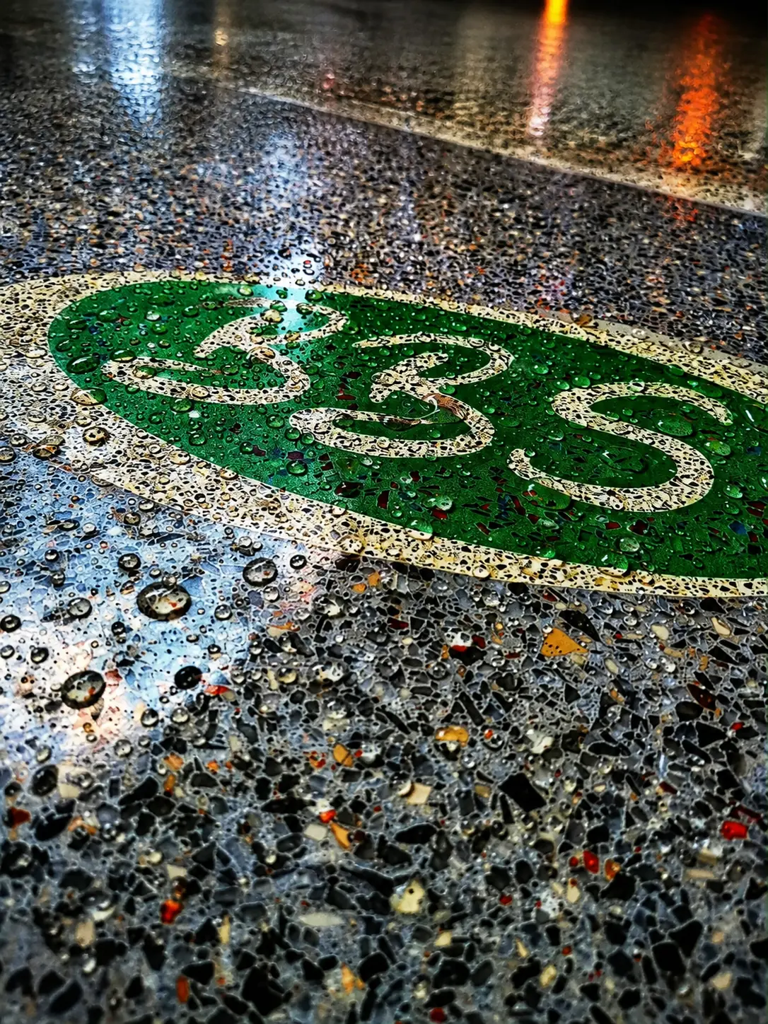 Completed green BBS decorative floor inlay after final refinement