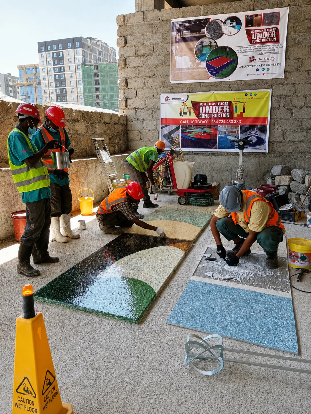 Sakafu crew installing a custom branded terrazzo floor feature on site