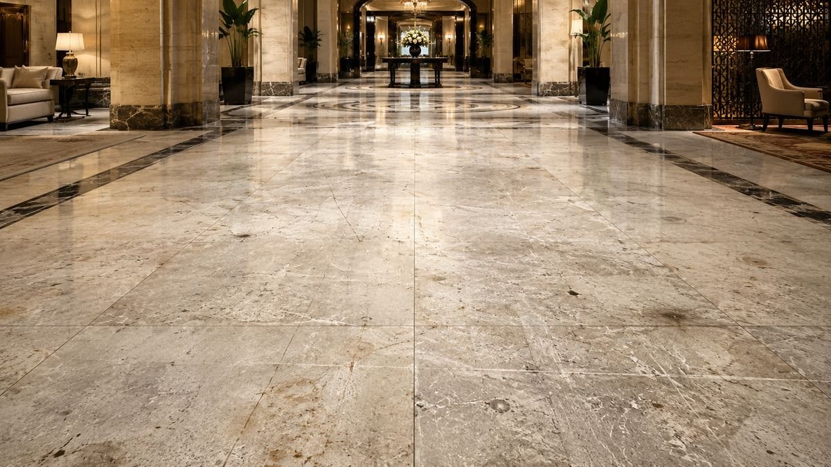 Scratched, etched marble before restoration