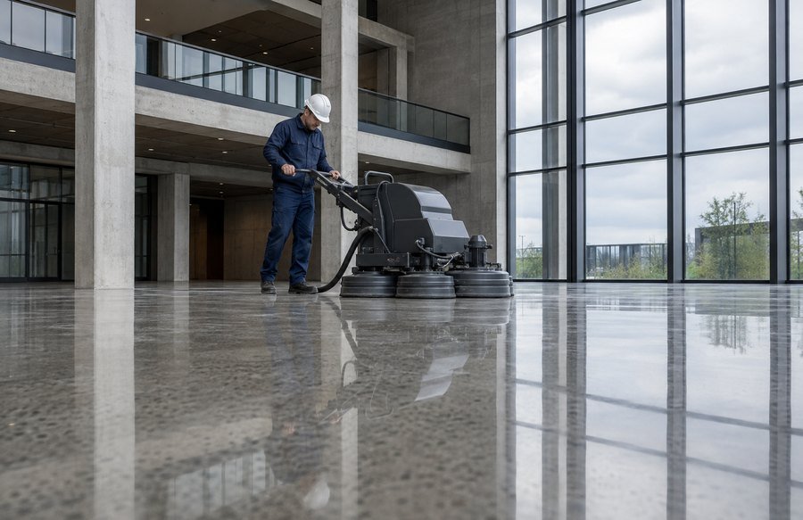 Operator running a multi-head planetary concrete grinding machine in a large interior