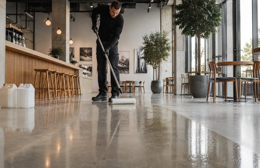 Technician applying an invisible anti-slip treatment to a polished floor