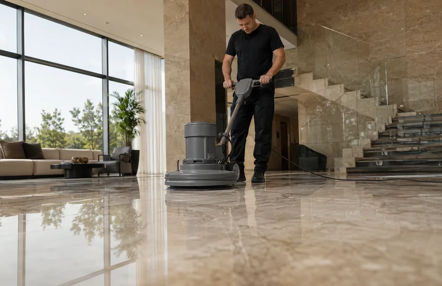 Technician using planetary stone grinding and polishing equipment on a marble floor
